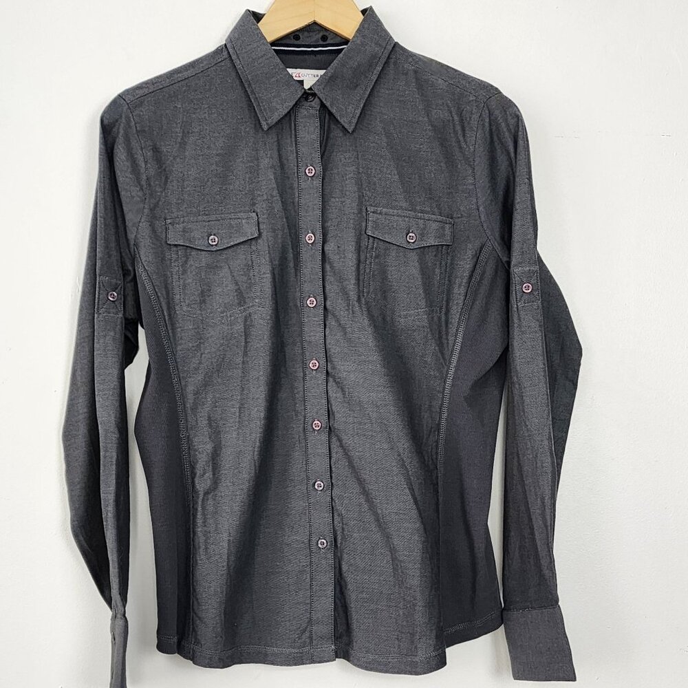 Cutter & Buck Womens M Fitted Gray Button-Up Shirt Roll Tab Sleeve Golf Preppy